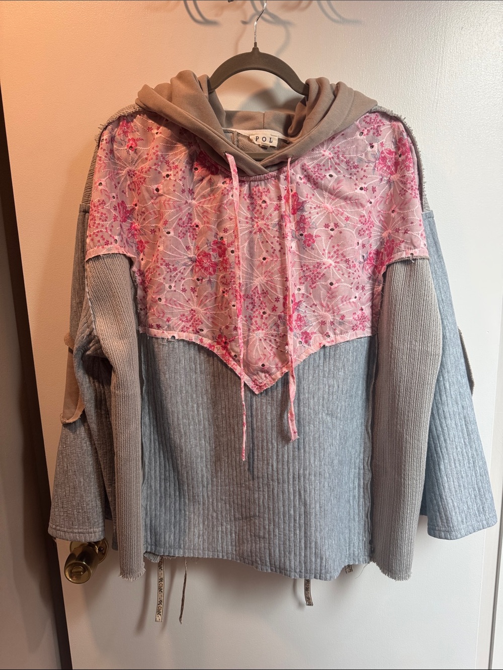POL Pink Floral Patchwork Hooded Sweatshirt with Gray Ribbed Body